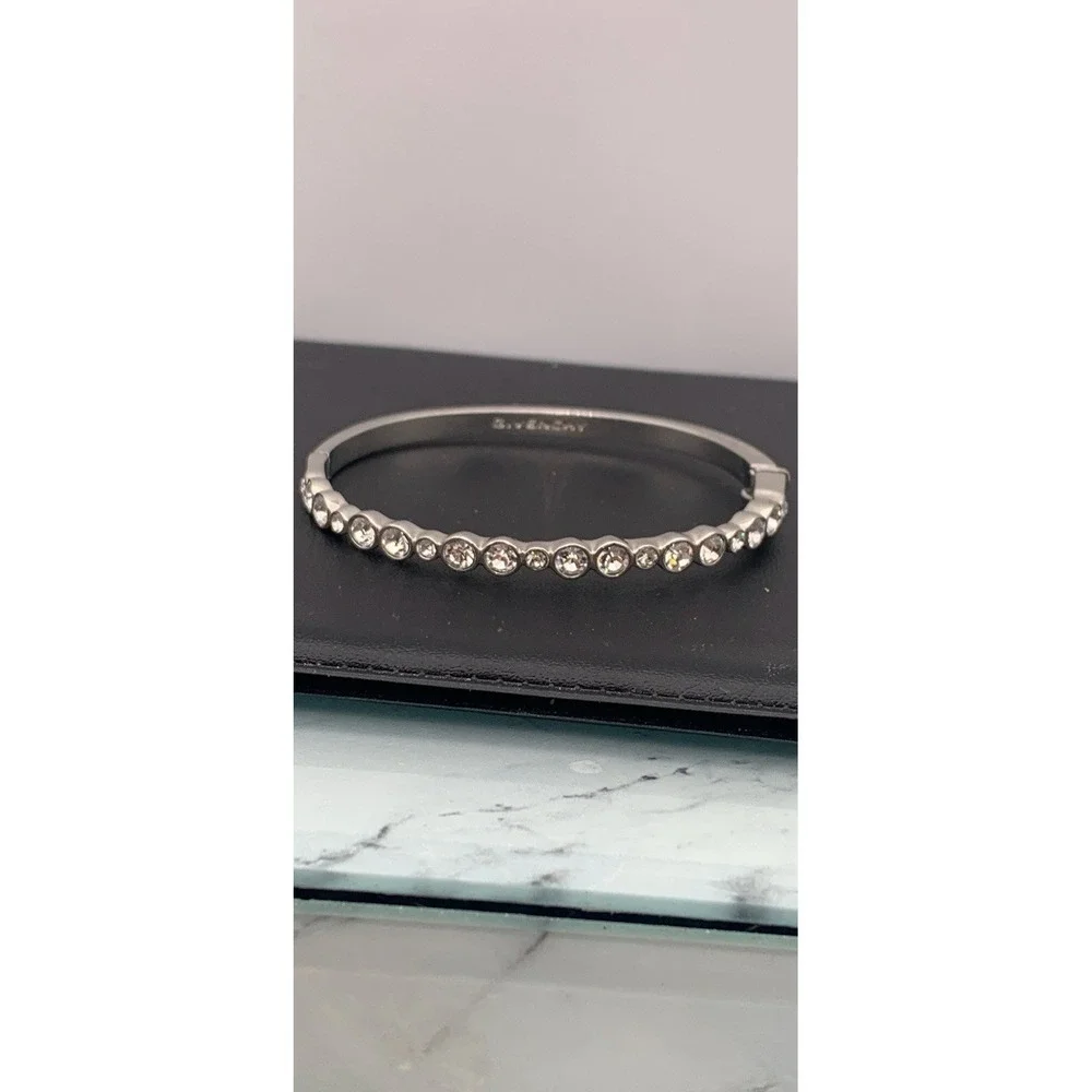 Givenchy Silver Tone Crystal Hinged Bangle Bracelet Signed (READ)